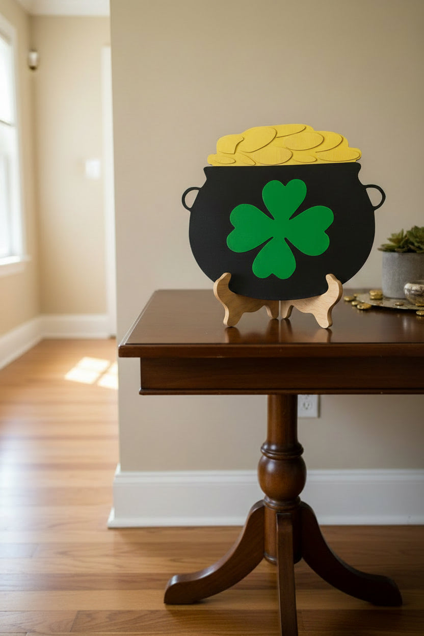 Decorative door hanger shaped like a pot of gold with a green four-leaf clover on a beige door.