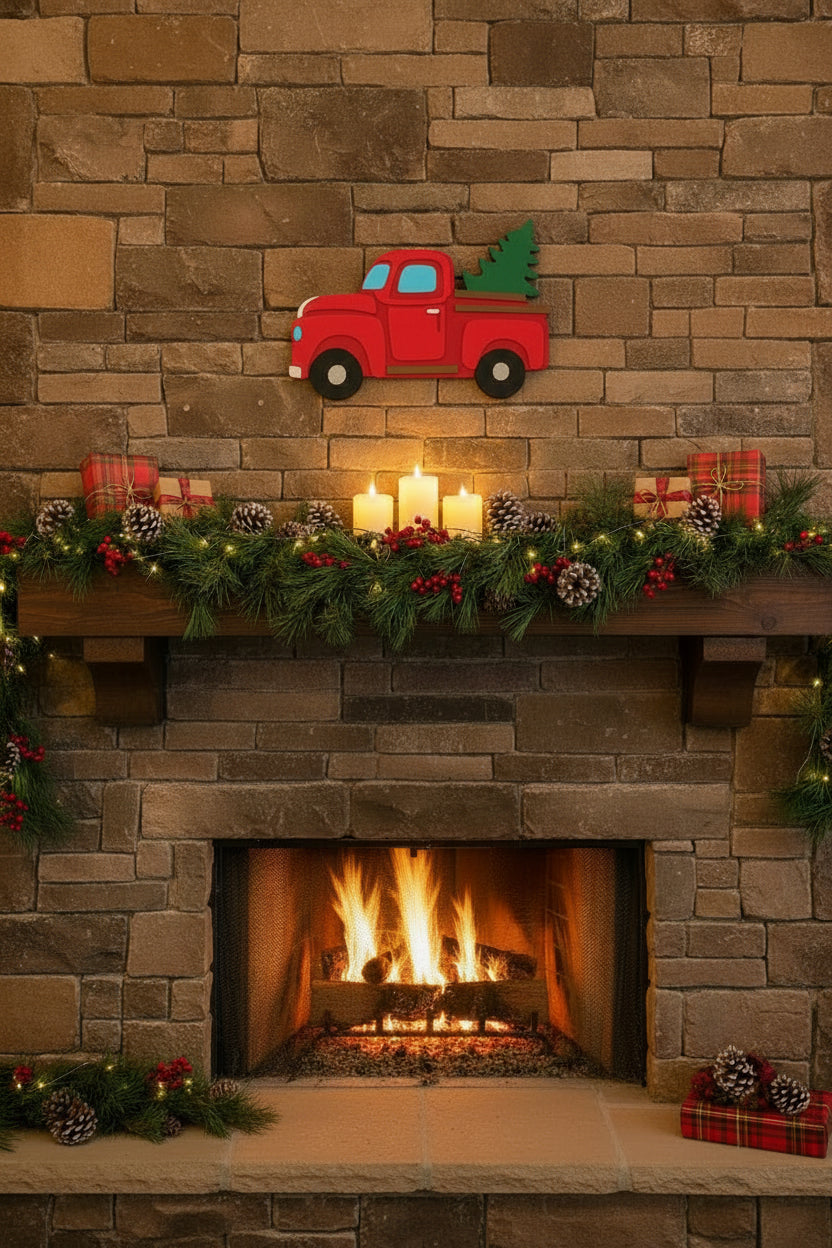 Decorated fireplace with a red truck and Christmas tree on a stone wall.