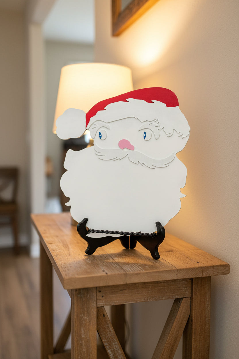 White Santa with a red Santa hat on a brown background