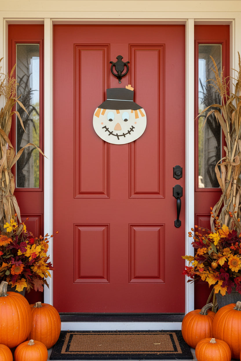 Scarecrow face decoration on a door