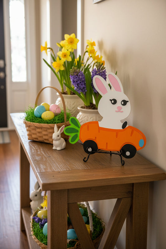 Decorative cutout of a rabbit and carrot on a garage door