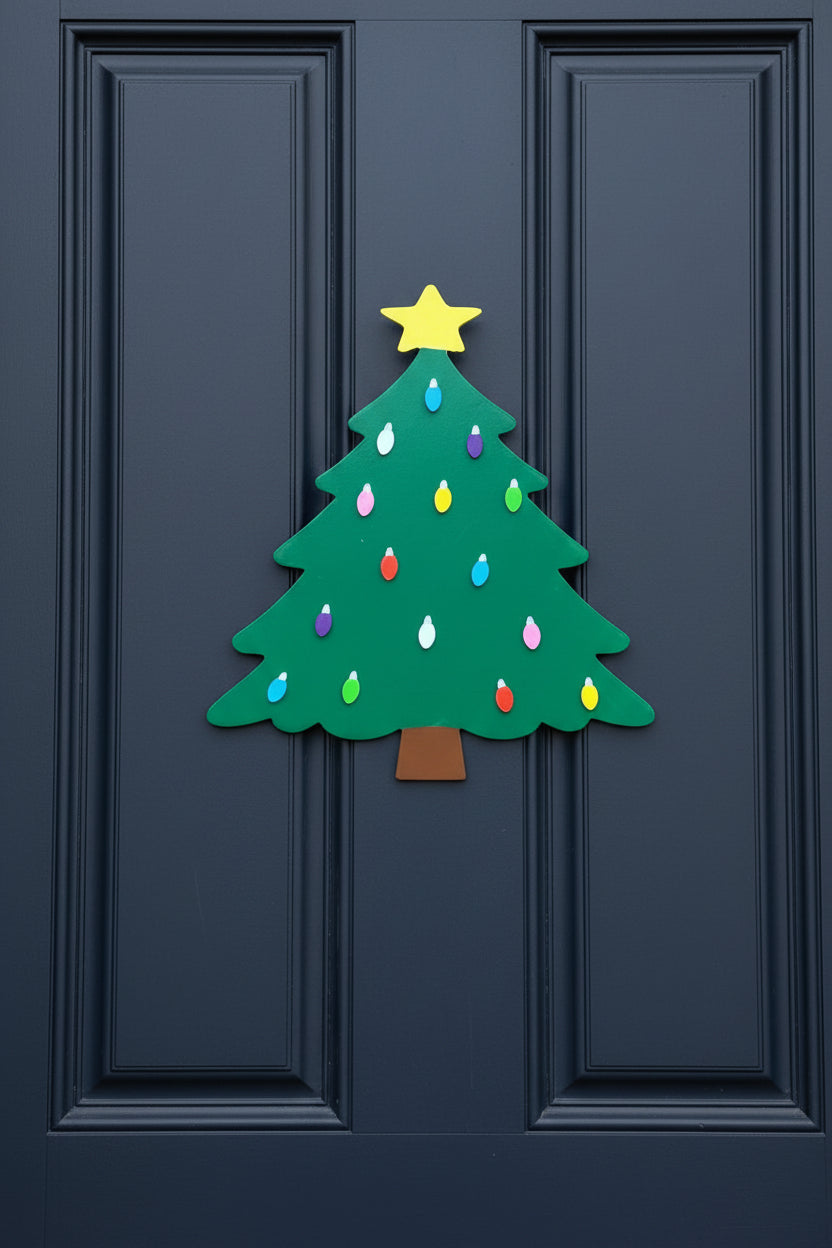 Decorative Christmas tree on a door with colorful lights and a star on top.