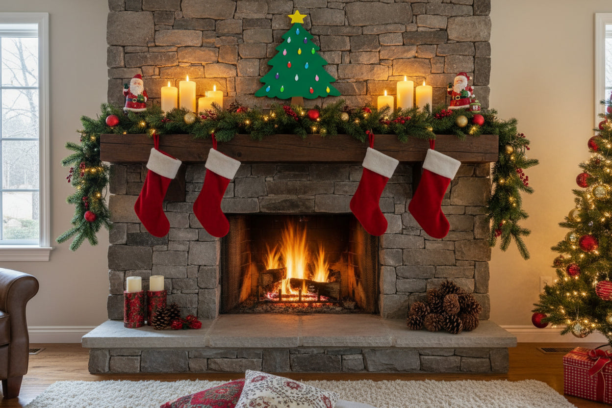 Decorative Christmas tree on a door with colorful lights and a star on top.