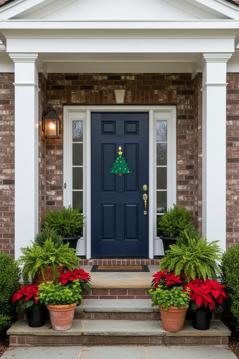 Brown door with a Christmas tree decoration on a brick wall background