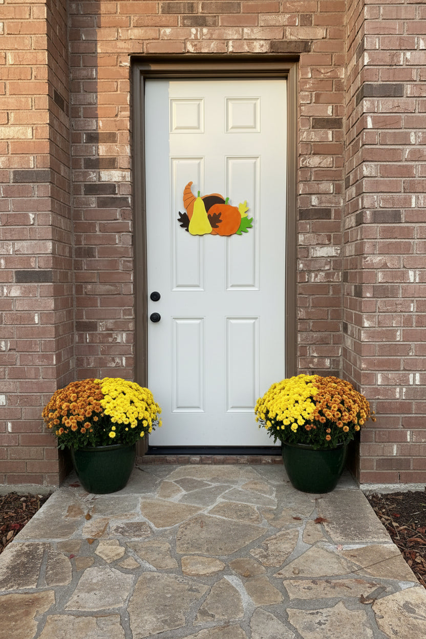 Decorative door hanger with pumpkins on a gray door against a brick wall.