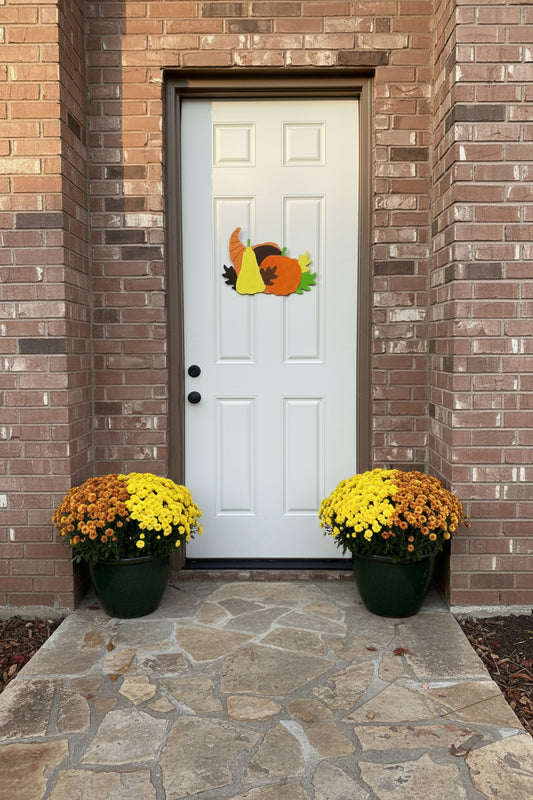 Decorative door hanger with pumpkins on a gray door against a brick wall.