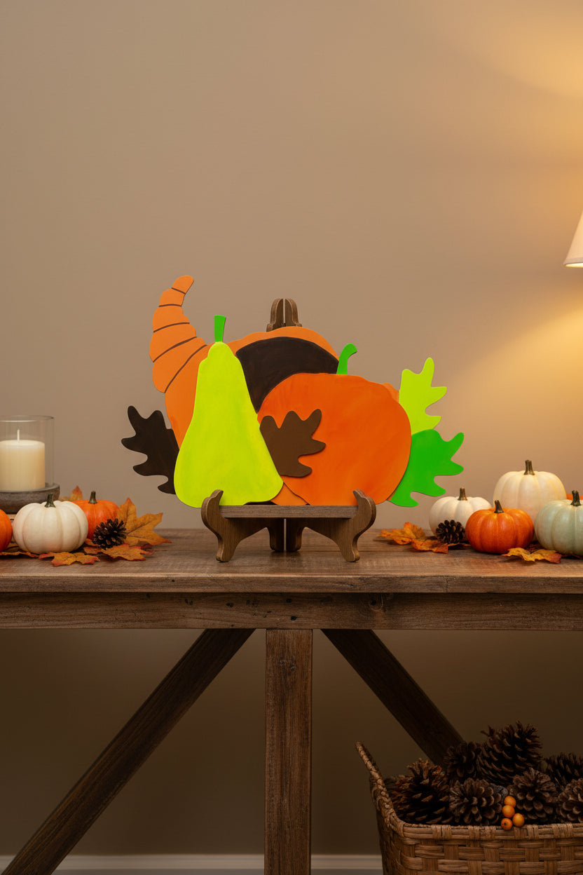 Decorative door hanger with pumpkins and a pear on a gray door