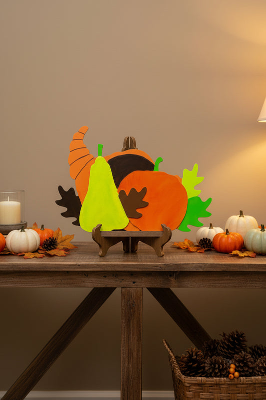 Decorative door hanger with pumpkins and a pear on a gray door