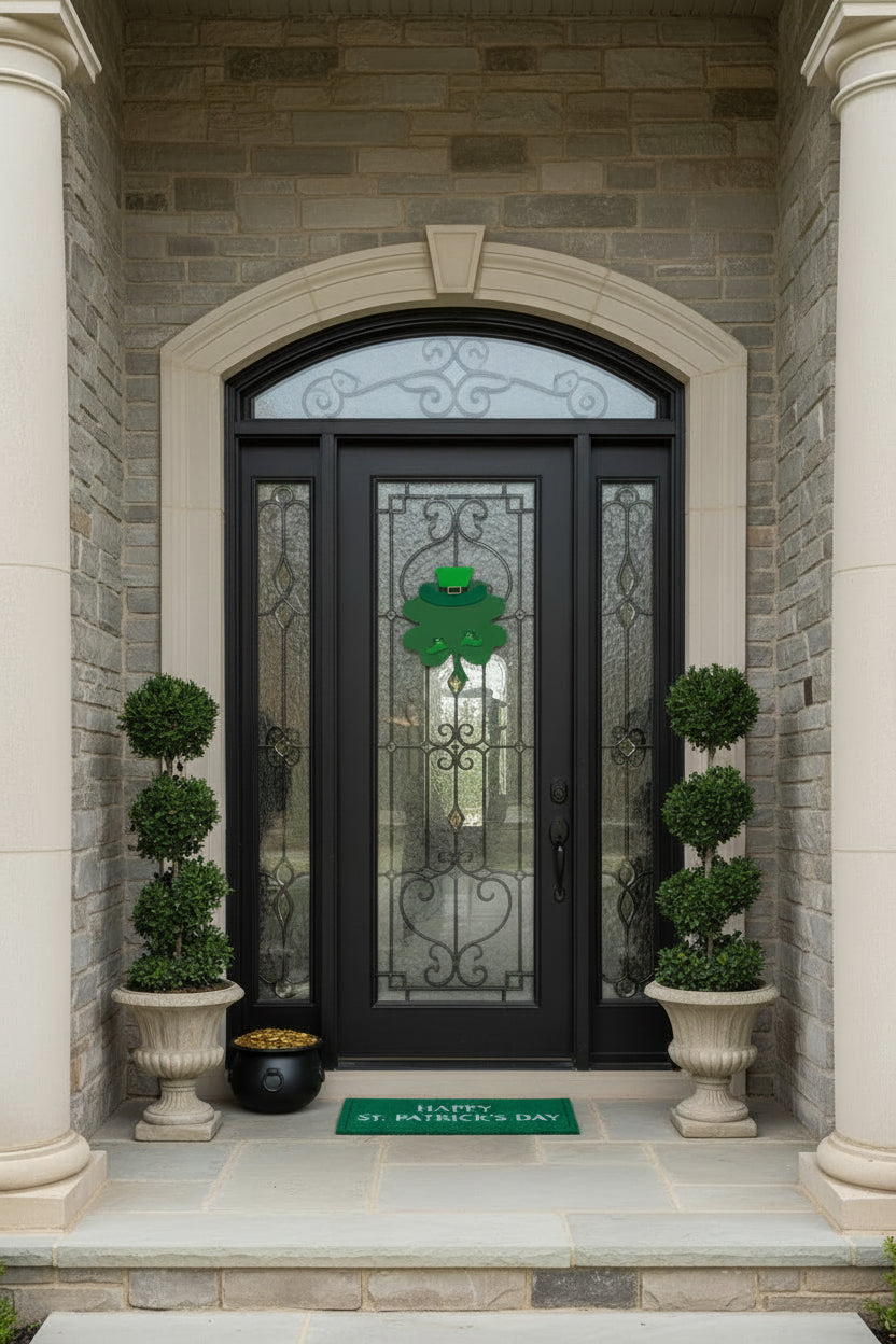 Brown door with a green four-leaf clover decoration on a brick wall background