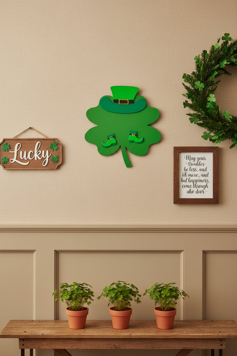 Green shamrock door decoration with a leprechaun hat on a beige door