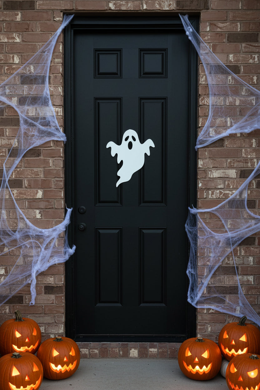 Black door with a white ghost decal on a brick wall background