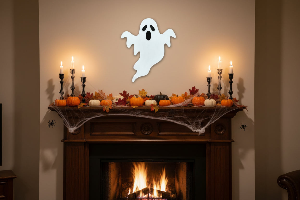 White ghost cutout on a brown paneled door