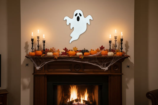 White ghost cutout on a brown paneled door