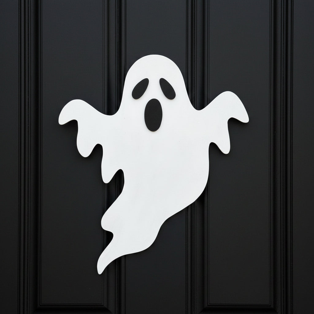 White ghost cutout on a brown paneled door