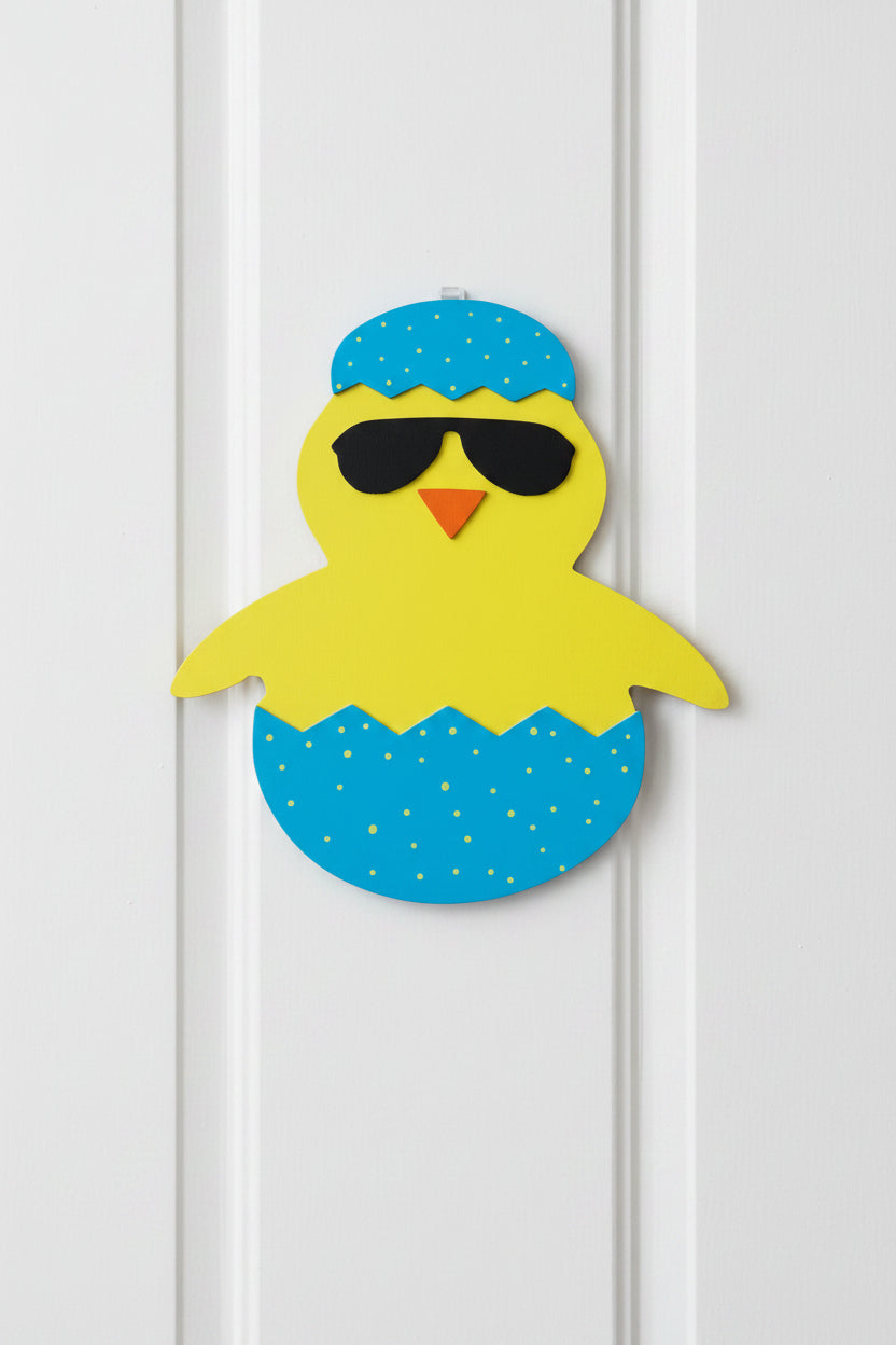 Decorative door hanger of a yellow chick in an egg with sunglasses and a blue cap on a brown door.
