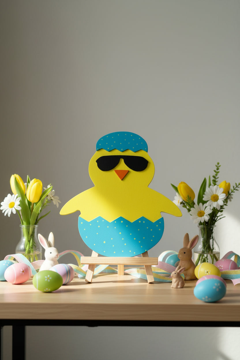 Decorative door hanger of a yellow chick in an egg with sunglasses and a blue cap on a brown door.