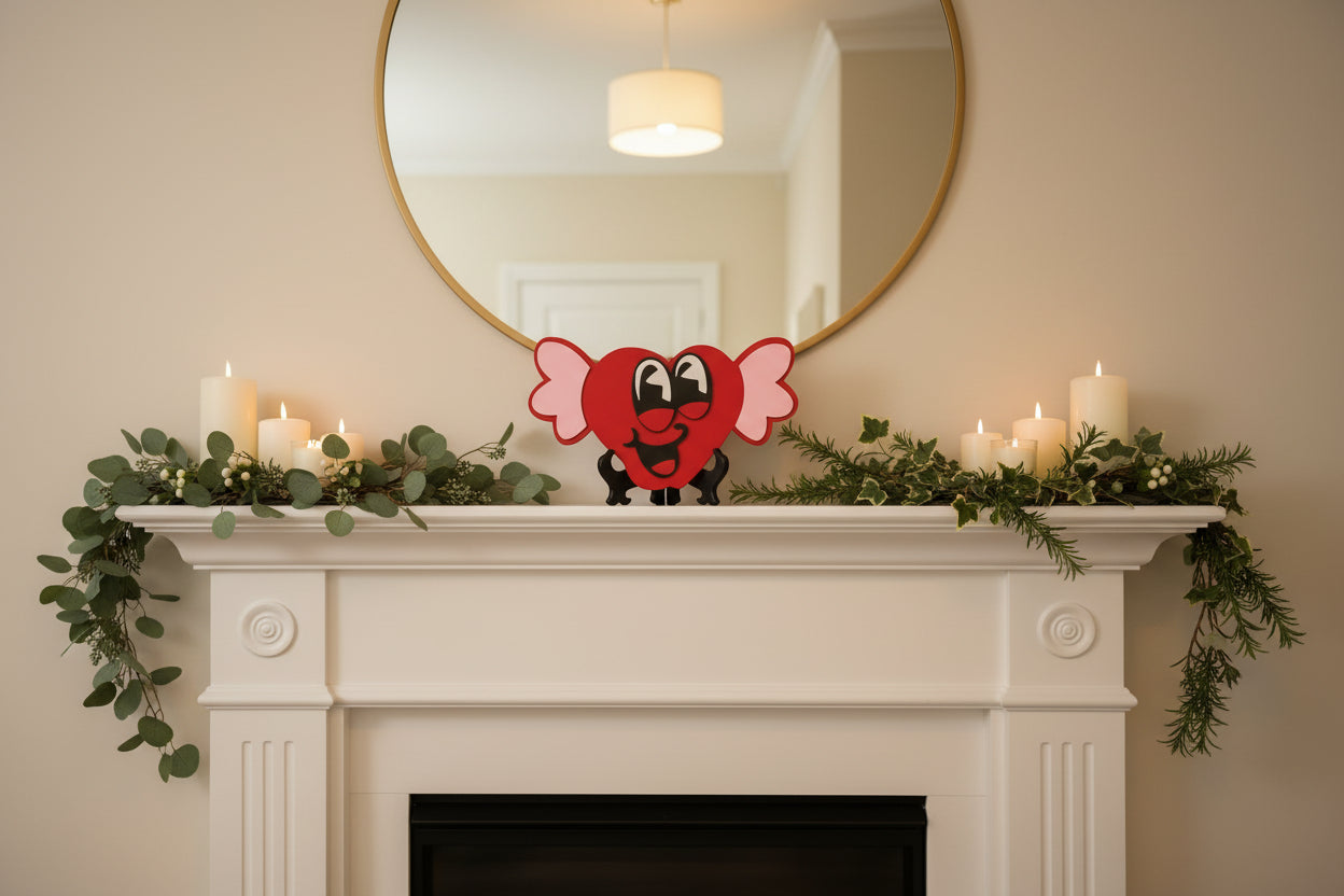 Heart-shaped candy decoration with a face on a gray door