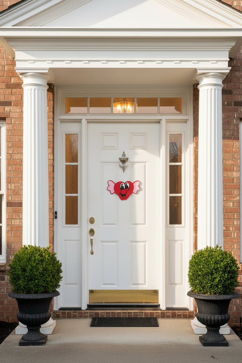 Front door with a cartoon heart decoration, flanked by two potted plants on a brick house.