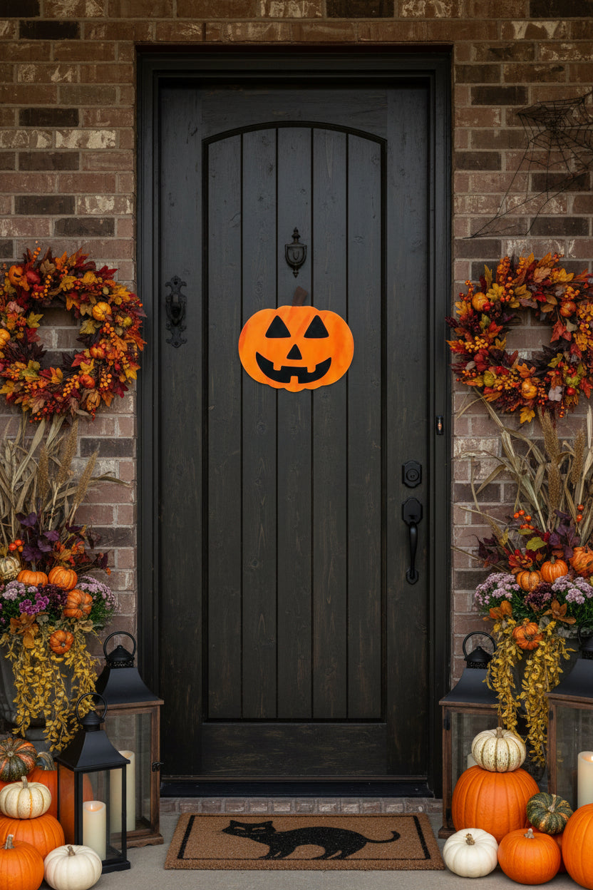 Brown door with a Halloween pumpkin decoration on a brick wall background
