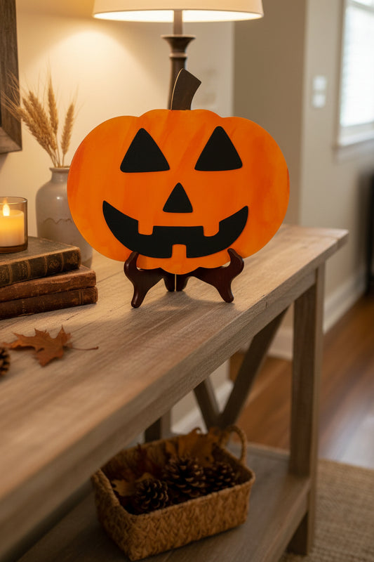 Halloween pumpkin decoration on a gray door