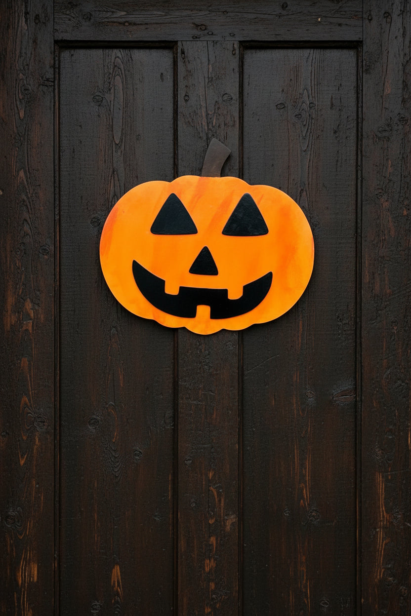 Halloween pumpkin decoration on a gray door