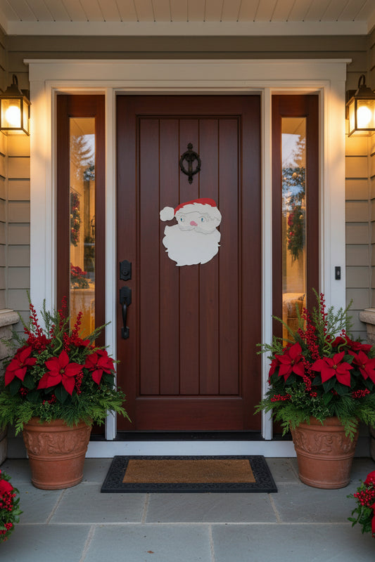 White Santa with a red Santa hat on a brown background