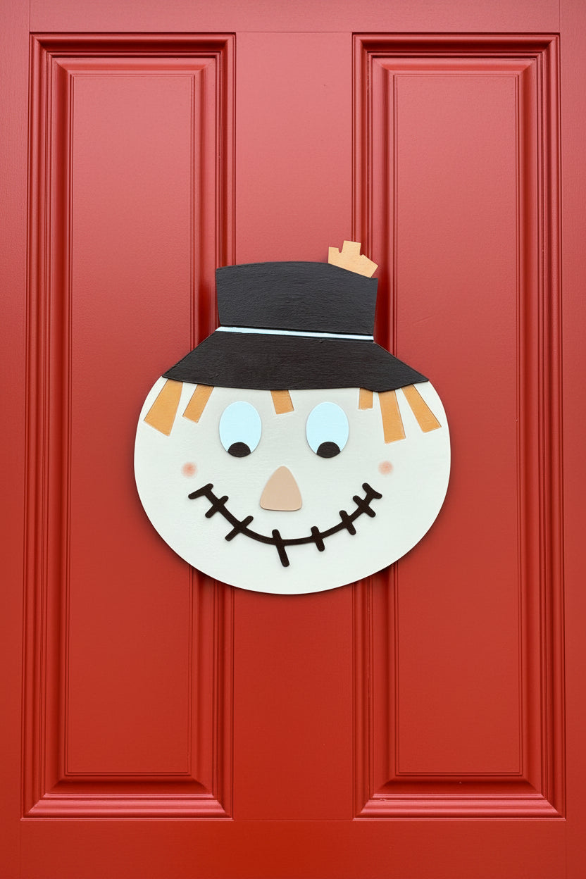 Scarecrow face decoration on a door