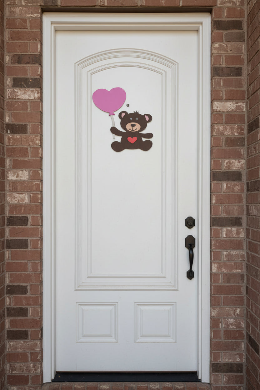 White door with a bear holding a pink heart balloon sticker on a brick wall background