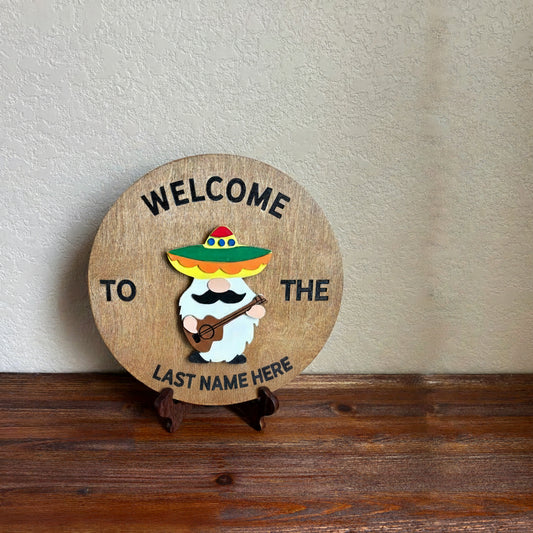 "Handcrafted 12-inch birch round with hand-painted Cinco de Mayo gnome, velcro interchangeable wood wall decor by Wood From The Heart"