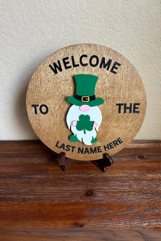 "Handcrafted 12-inch birch round with hand-painted St. Patrick's Day gnome, velcro interchangeable wood wall decor by Wood From The Heart"