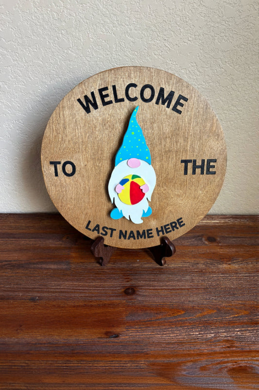 "Handcrafted 12-inch birch round with hand-painted summer gnome, velcro interchangeable wood wall decor by Wood From The Heart"