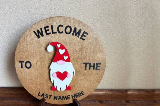 Wooden sign with a gnome illustration and customizable text on a plain background