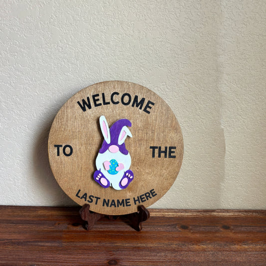 "Handcrafted 12-inch birch round with hand-painted Easter gnome, velcro interchangeable wood wall decor by Wood From The Heart"