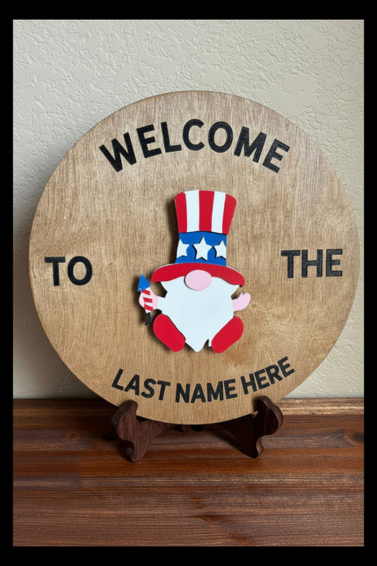 Handcrafted 12-inch birch round with hand-painted Fourth of July gnome, velcro interchangeable wood wall decor by Wood From The Heart"