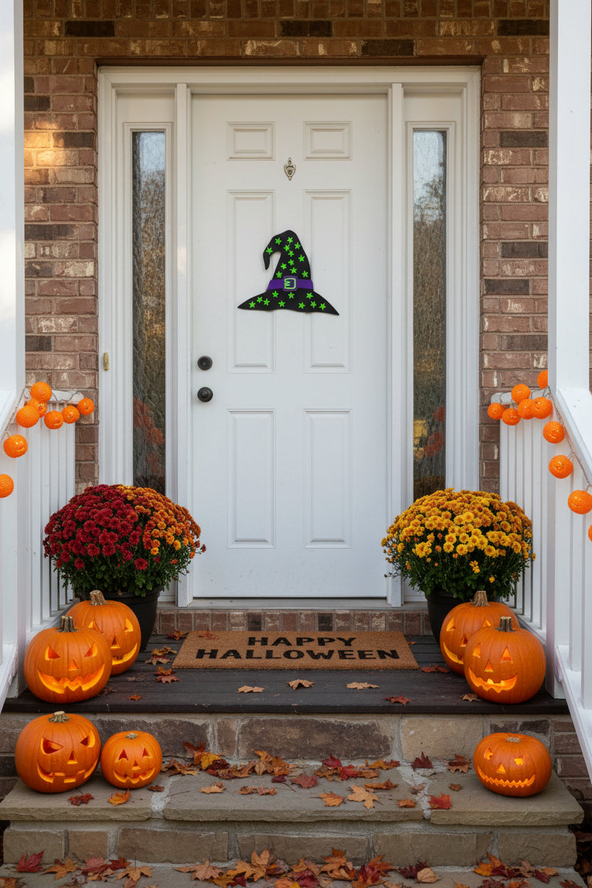 Halloween witch hat decoration on a gray door with brick wall background